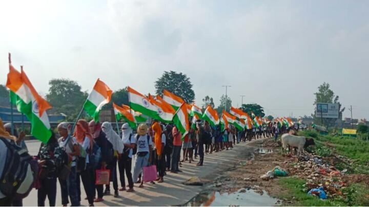 A group of young people hoping to secure jobs in the Indian paramilitary marching to New Delhi. This photo was taken on the 55th day of the march near Akbarpur, in Uttar Pradesh.